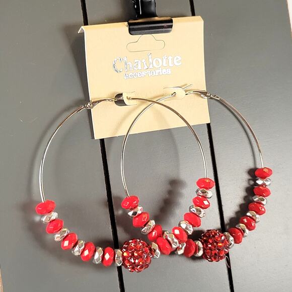 Large Red Beaded Hoop Earrings 3" Silver Tone Rhinestone Accent Pierced Holiday - Picture 5 of 7
